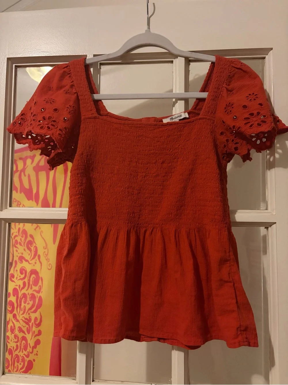 Madewell Smocked Square Neck Red Peplum Top